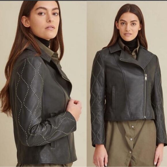 Wilsons Leather Asymmetrical Moto Jacket with Studded Sleeves